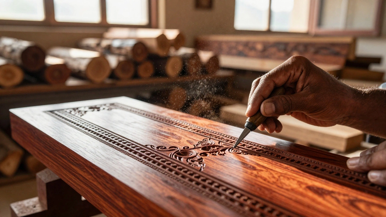Indian artisan carving intricate details into rosewood in a sunlit workshop