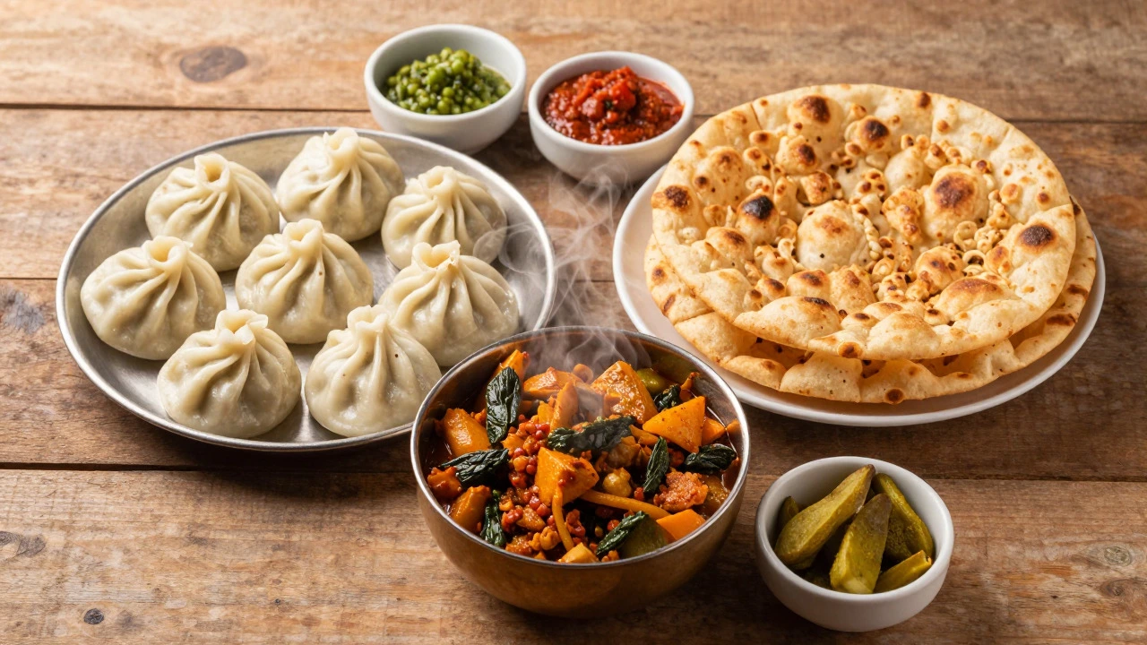 Plates of Locho dumplings, Undhiyu vegetables, and Khakhra snacks on a table