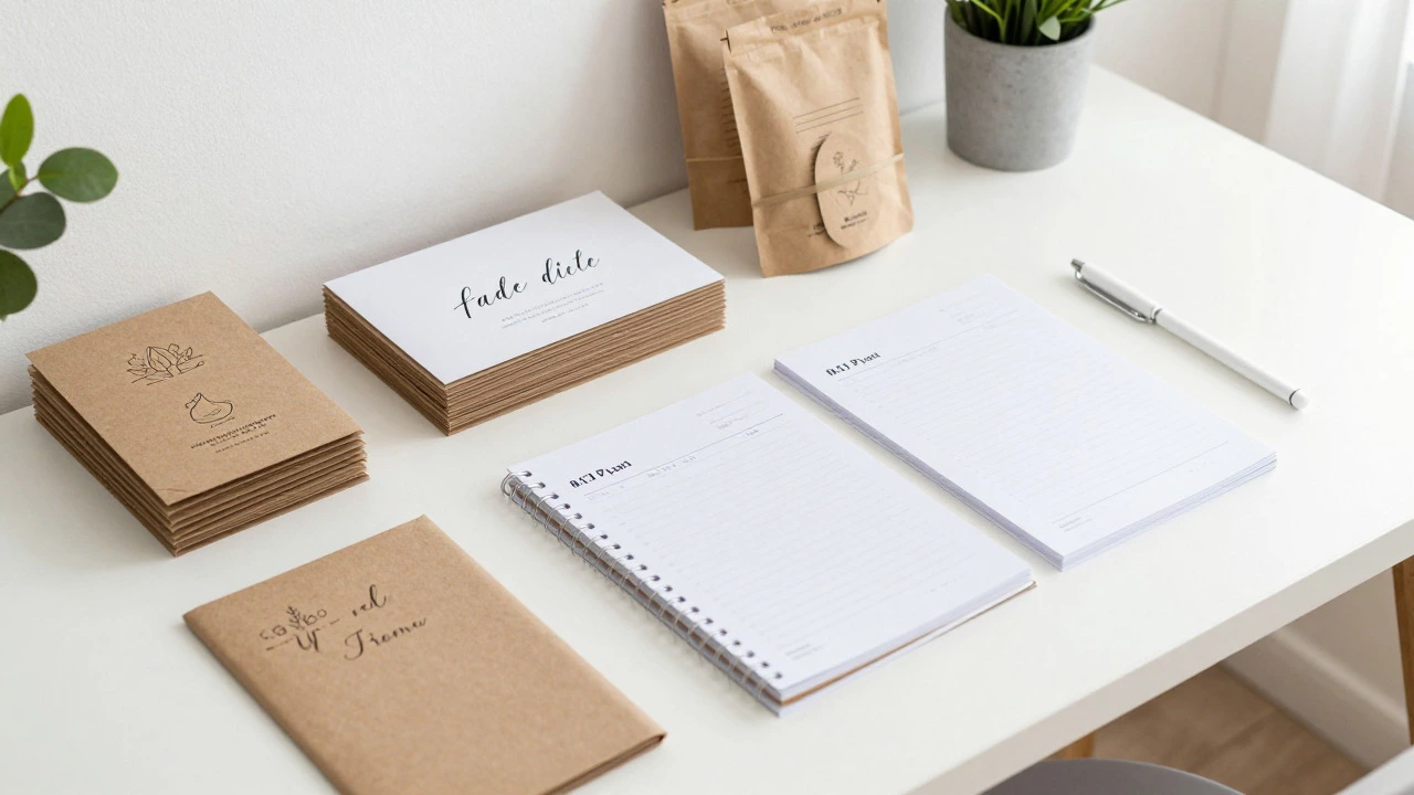 Stacks of eco-friendly wedding invitations and planners