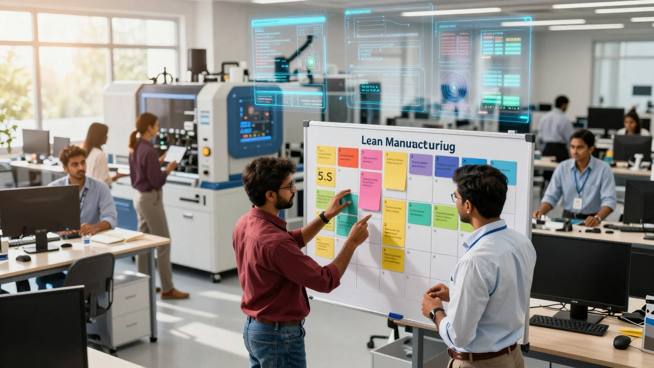 Workers using Kanban boards and lean tools in a modern organized workshop