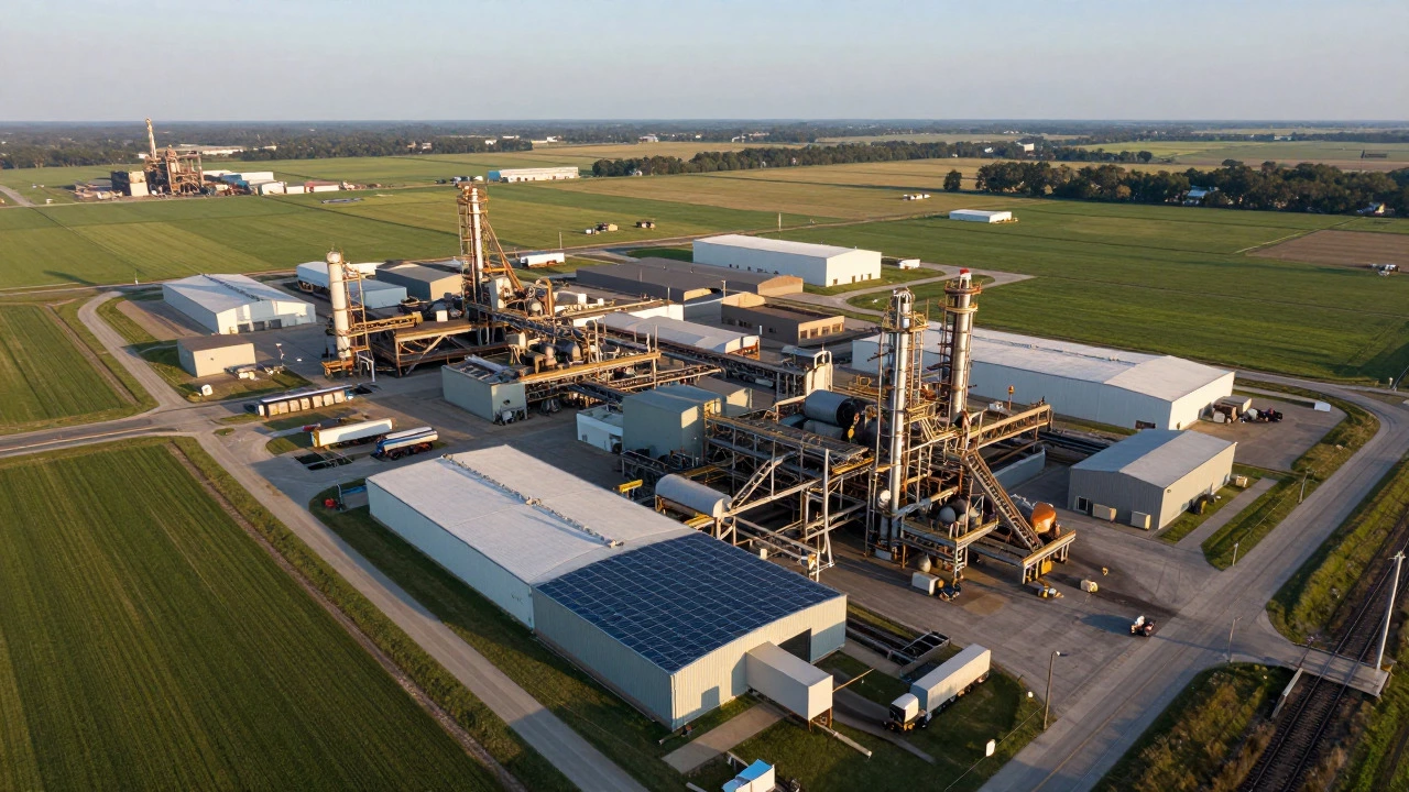 Aerial view of decentralized steel mills connected by rail