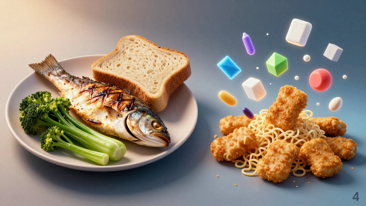 Comparison of a healthy whole-food meal versus deconstructed ultra-processed food with additives.
