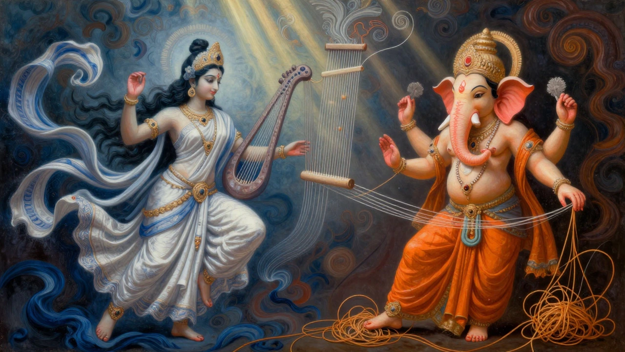 Conceptual art showing Hindu deities emerging from swirling textile threads