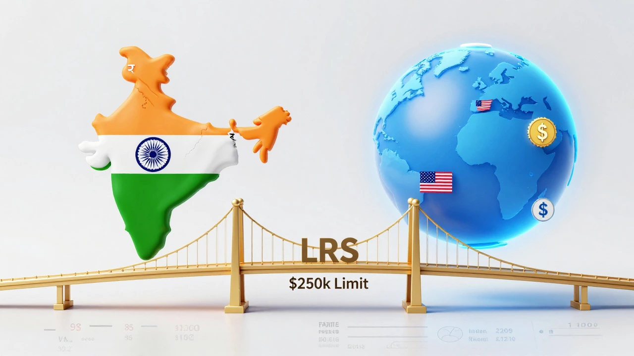 Conceptual art showing the LRS bridge connecting Indian investors to global tech stocks.