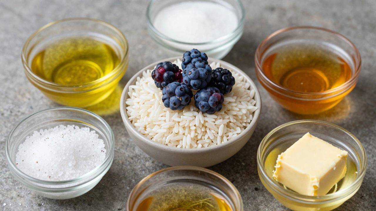 Fresh ingredients like rice and berries alongside oil, salt, and honey on a stone table.