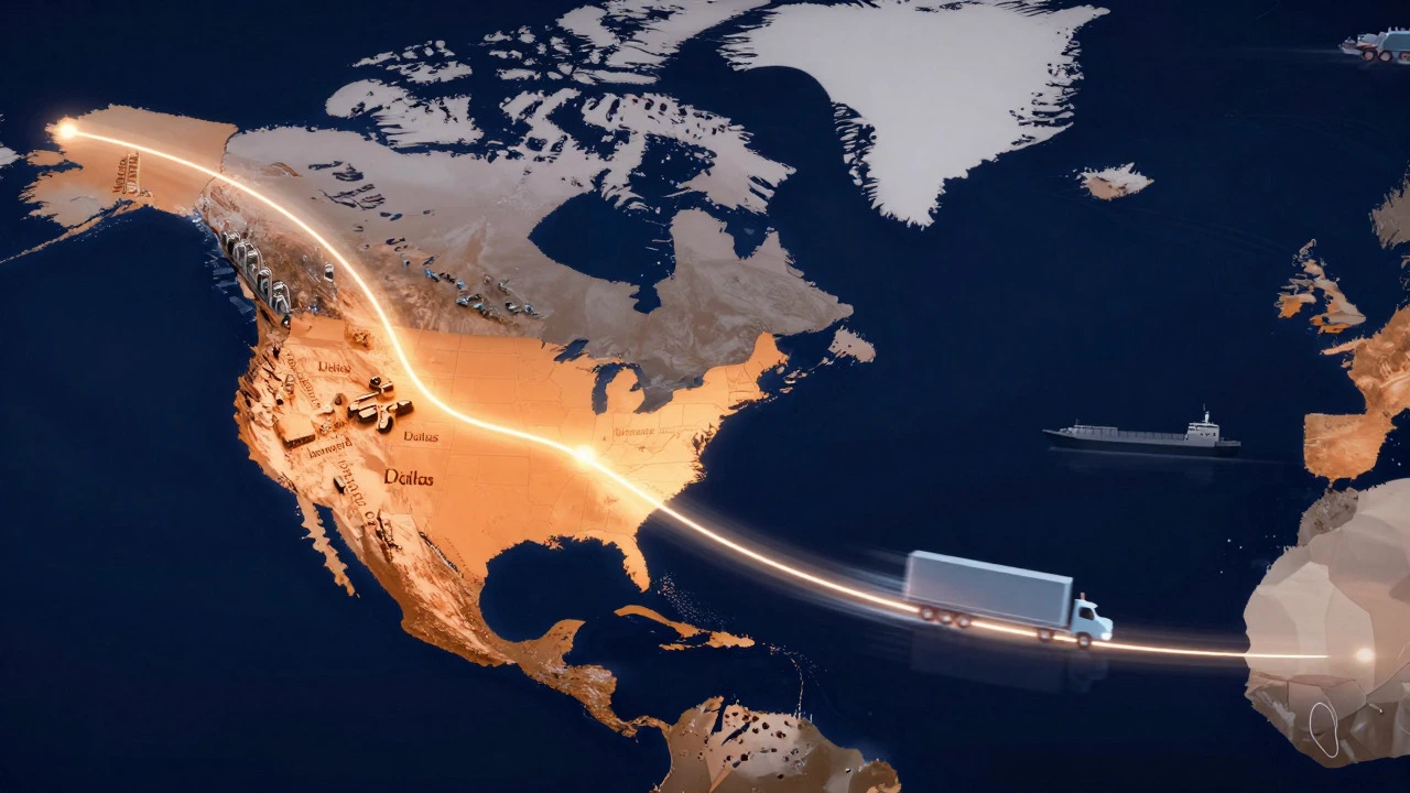 Map graphic illustrating fast logistics routes between Mexico and the US