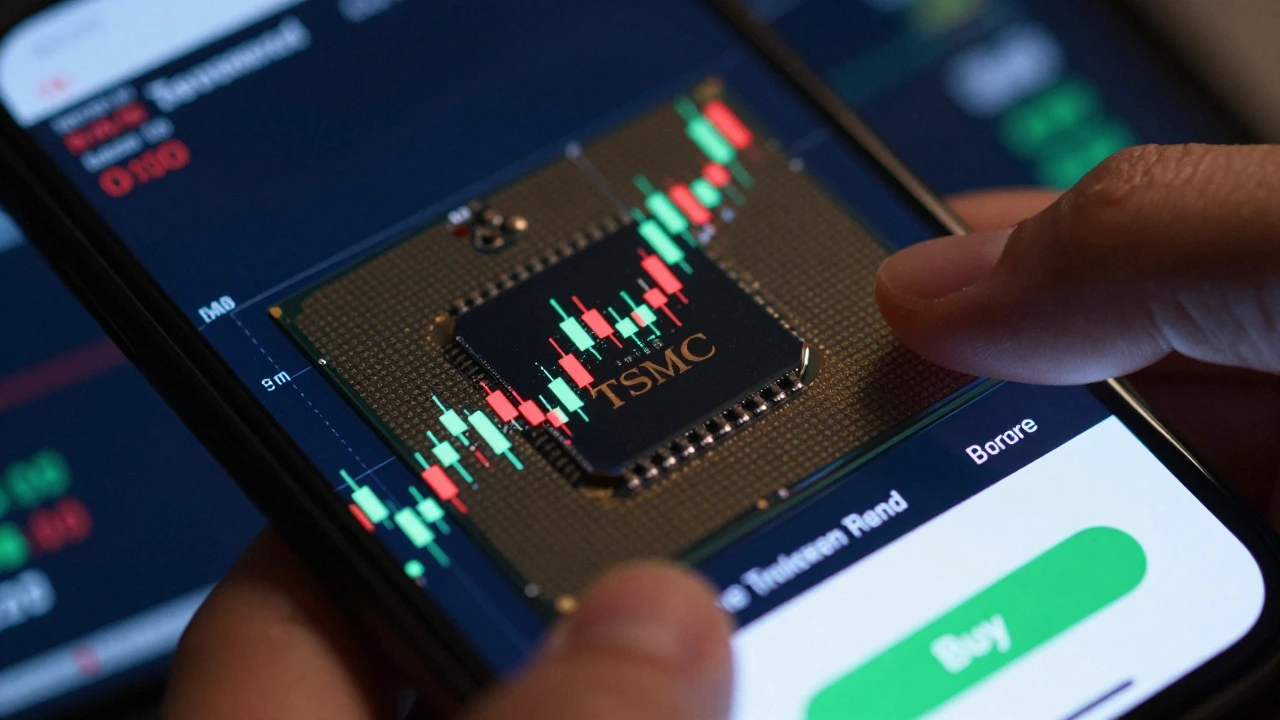 Microchip reflecting stock charts, symbolizing TSMC investment for Indian retail traders.