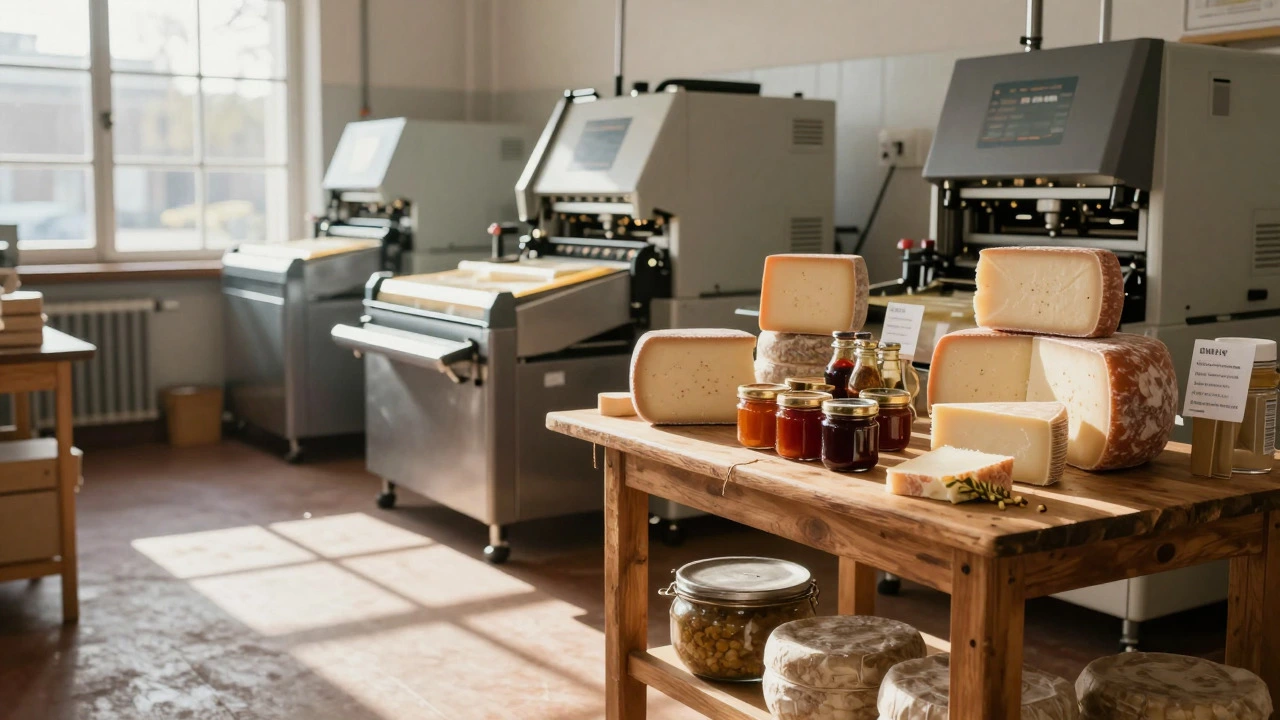 Small artisanal kitchen area connecting to an automated packaging line in a growing food plant.