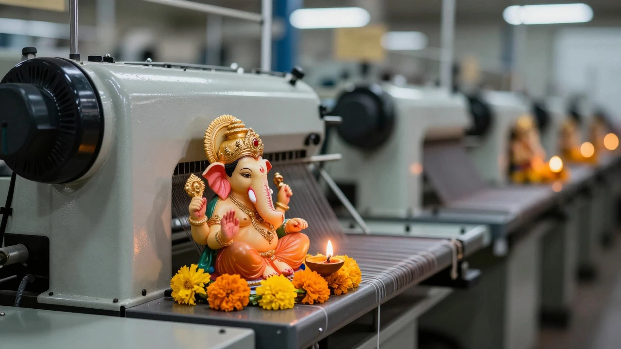 Small Ganesha idol with flowers placed beside a modern industrial knitting machine