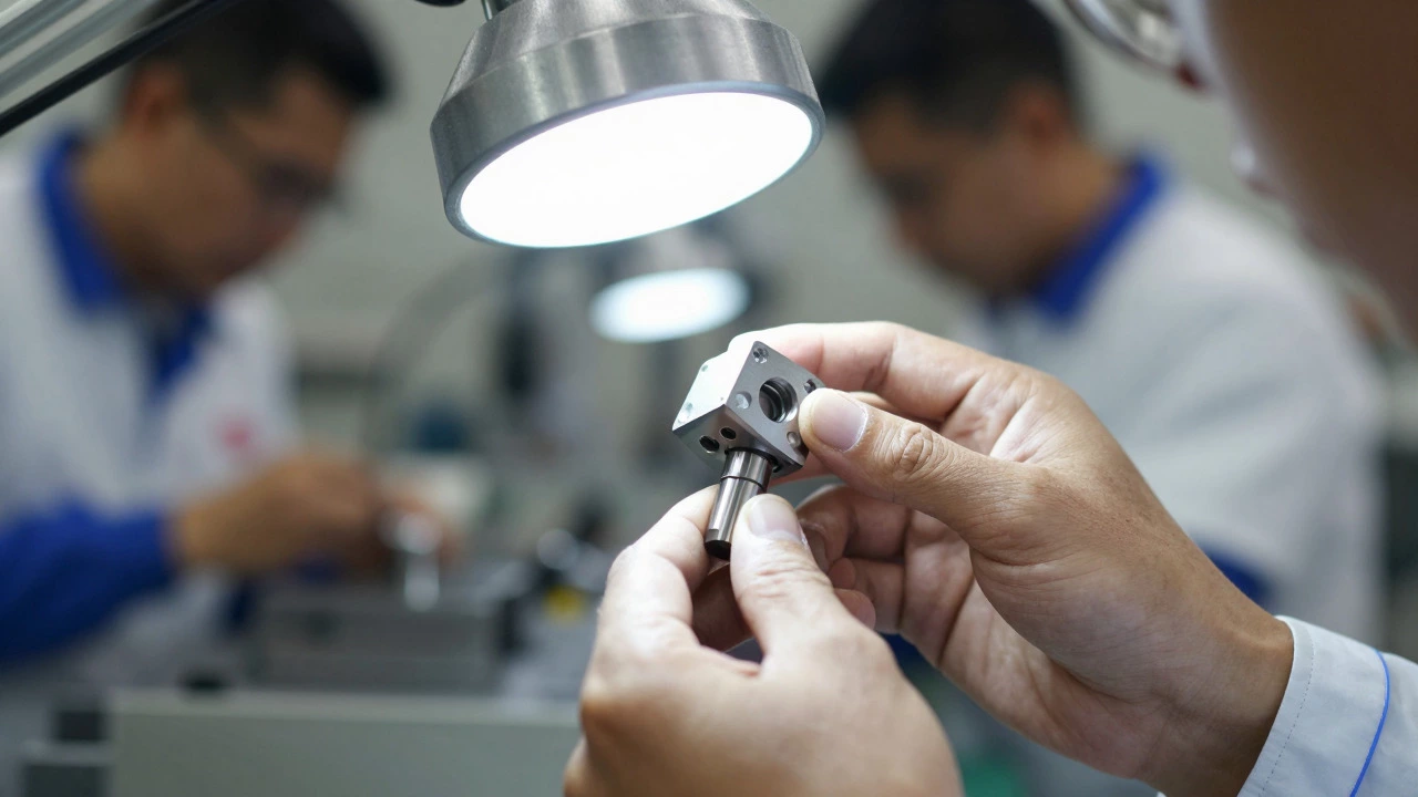Technician inspecting a precision metal component under bright light
