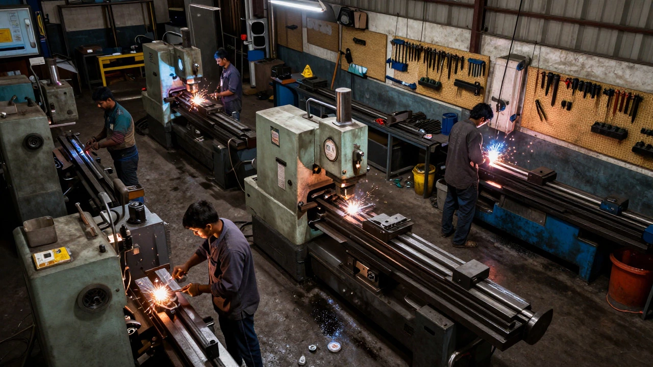 Workers operating machinery in a small Indian metal fabrication shop