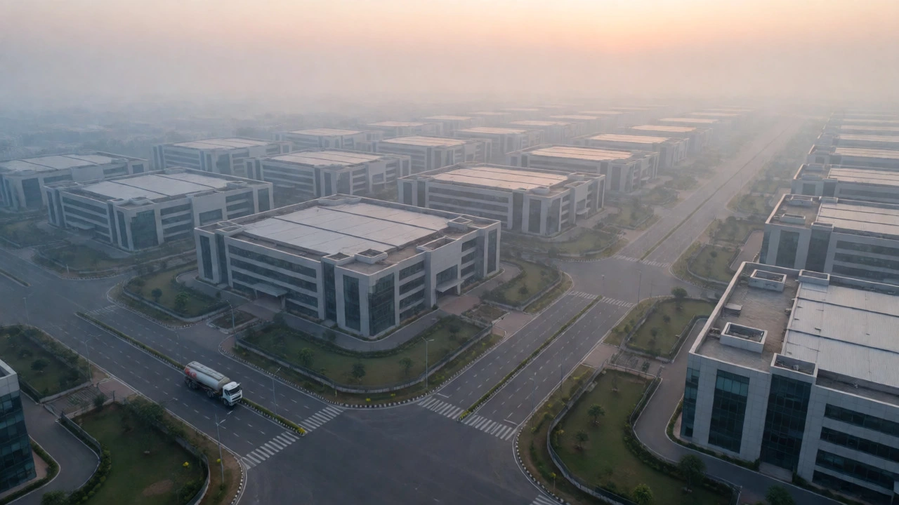 Aerial view of Electronic City industrial park in morning fog