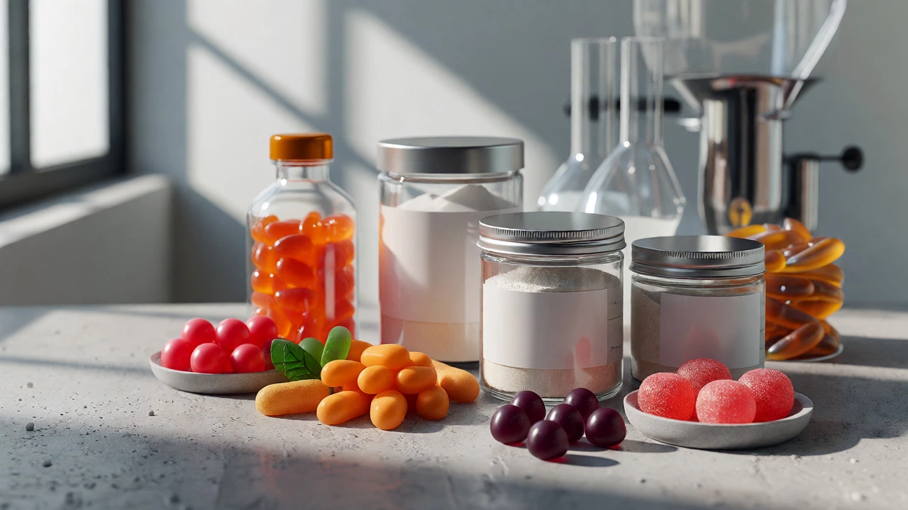 Assorted health supplement gummies and powders in a clean setting
