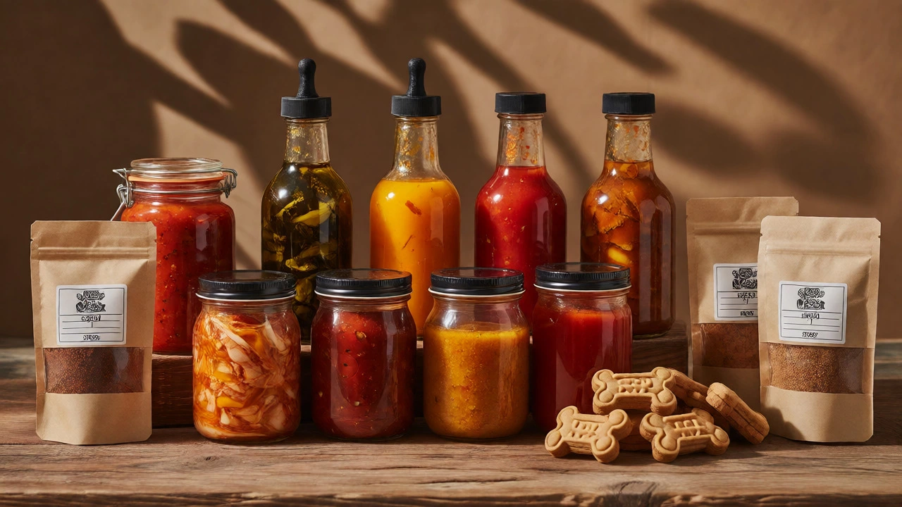 Assortment of gourmet sauces, spice blends, and artisanal pet treats on a wooden table.