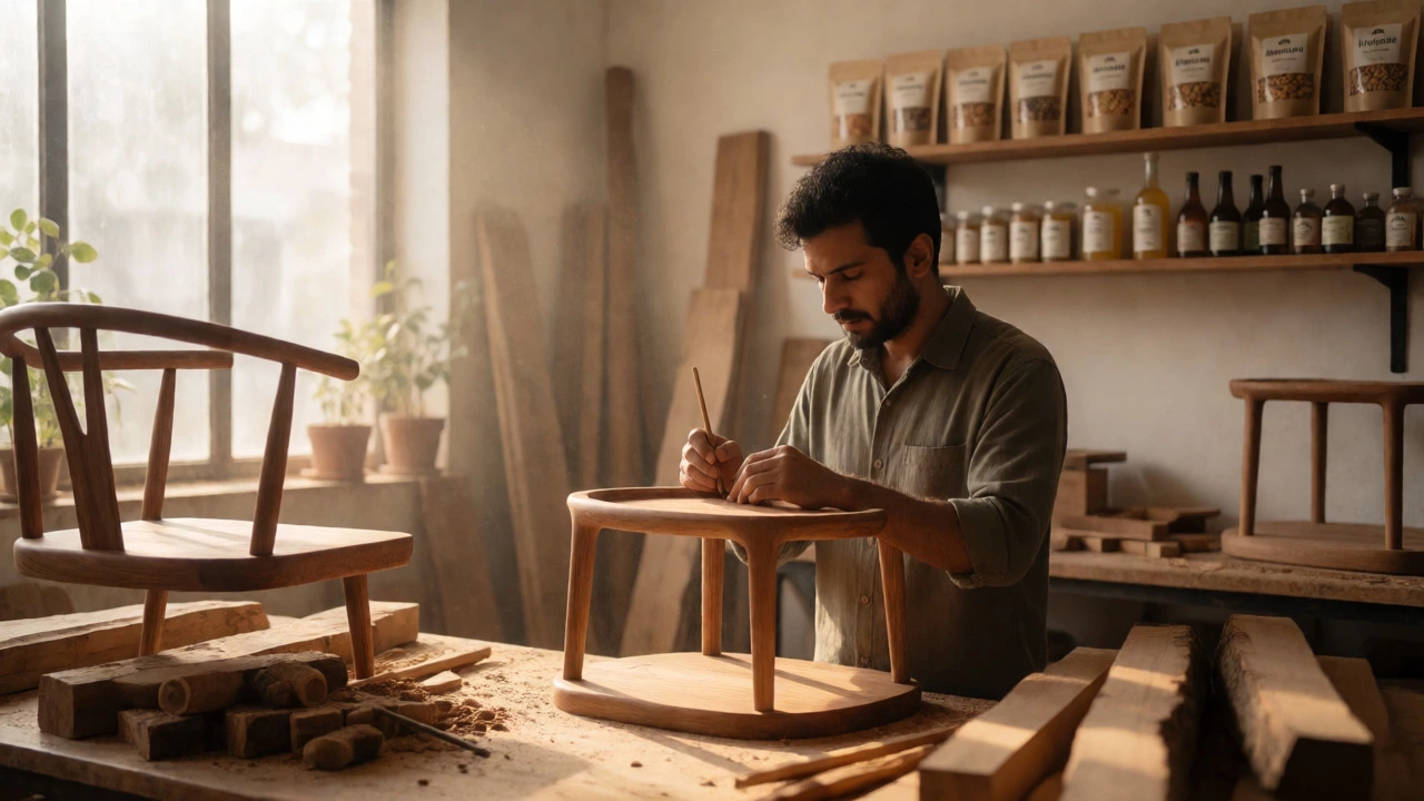 Craftsman building luxury furniture in a sunlit artisan workshop