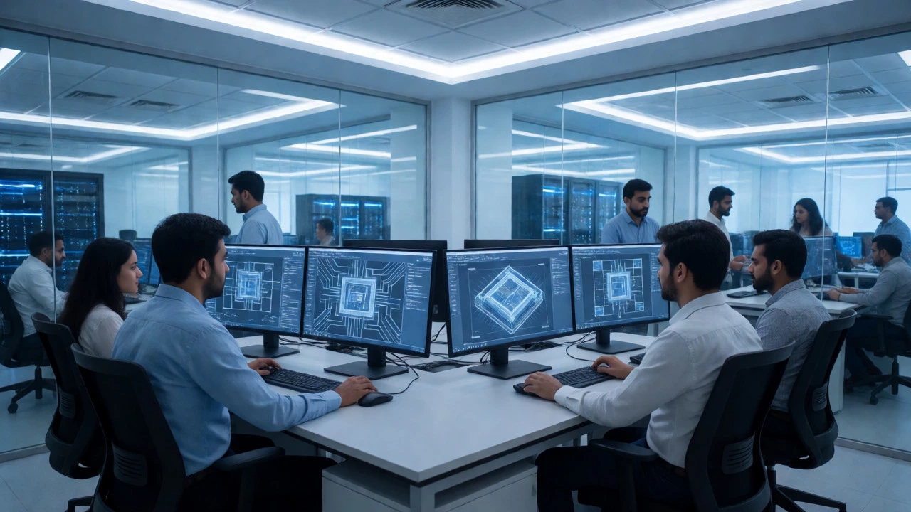 Engineers working on chip designs in a high-tech Bengaluru lab