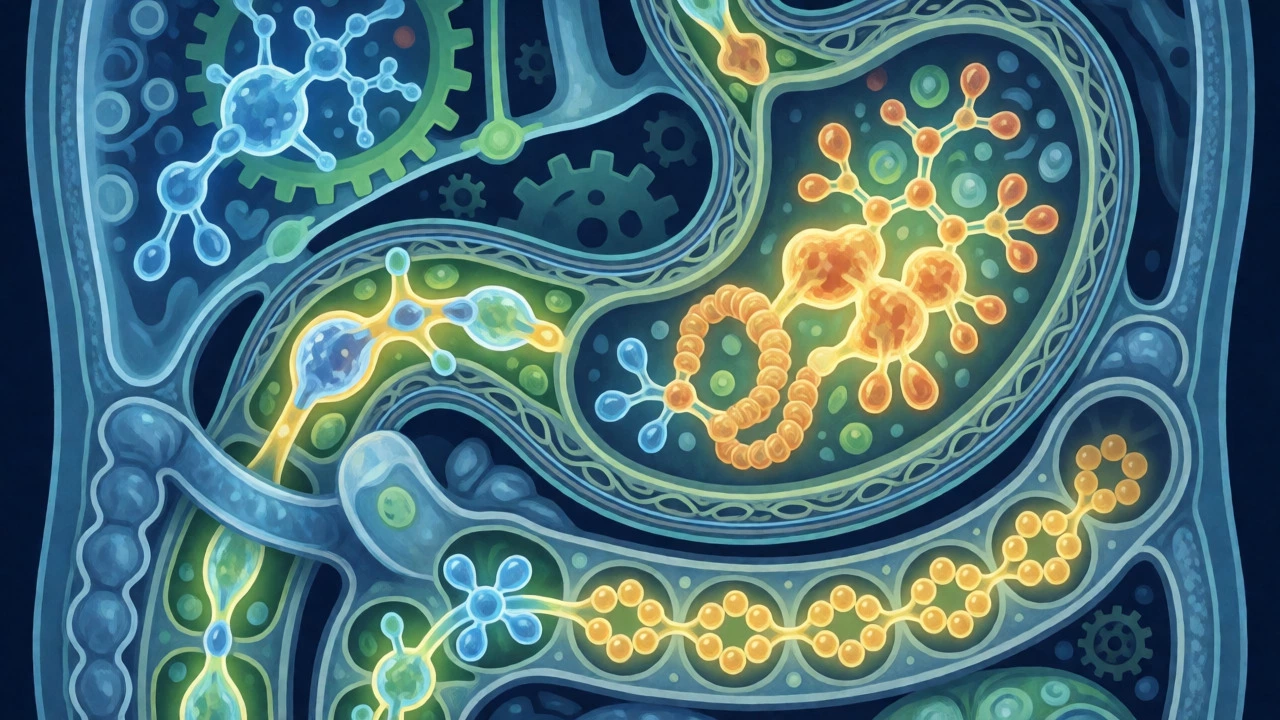 Illustration of digestive enzymes breaking down food molecules