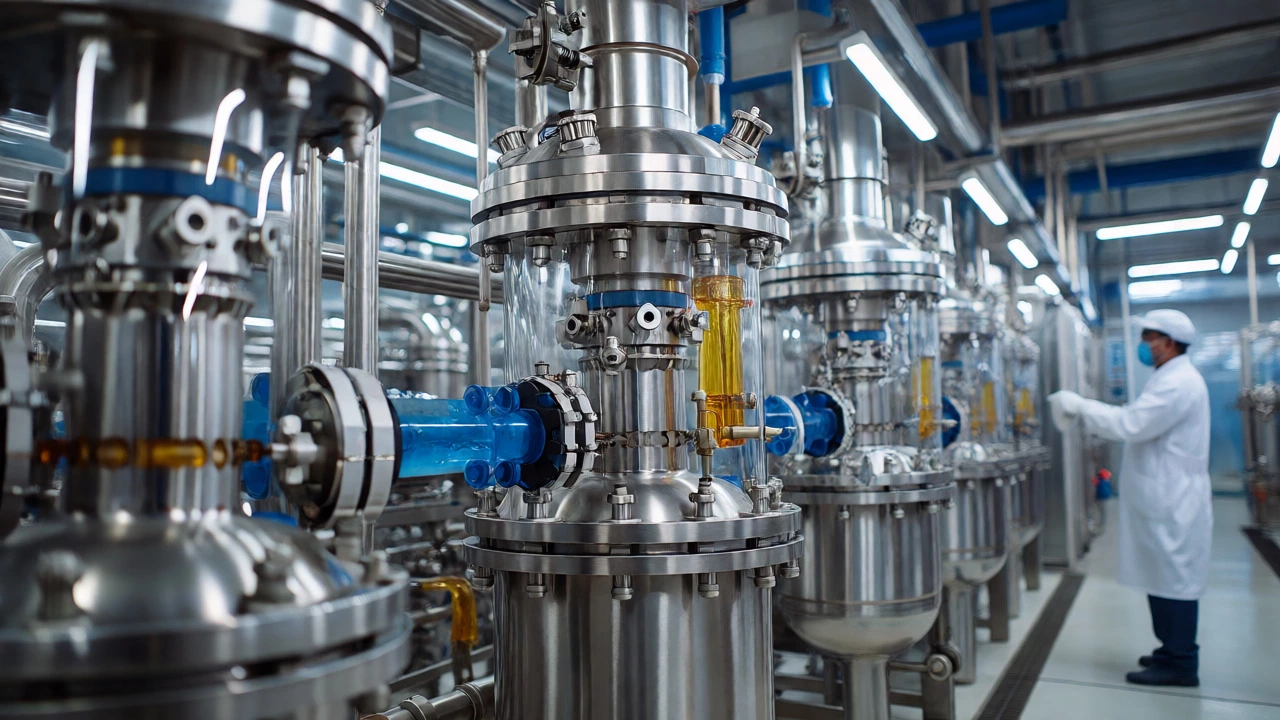 Interior of a modern chemical plant with stainless steel reactors and piping