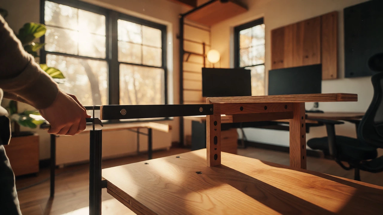 Person assembling modular wooden desk in a sunlit home office