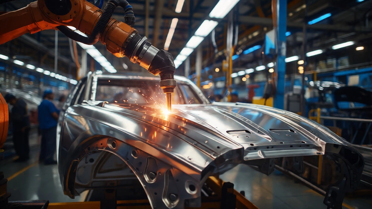 Robotic arm welding a steel car panel in a factory