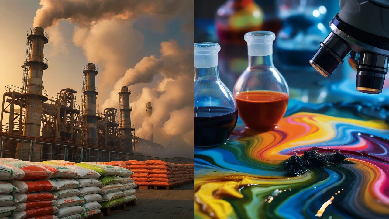 Split image showing heavy industry stacks alongside colorful dyes and lab equipment