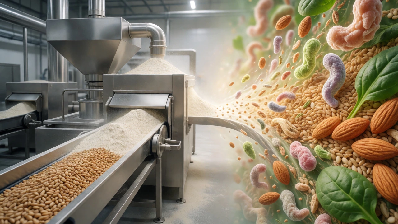 Surreal art linking food processing factories with gut health