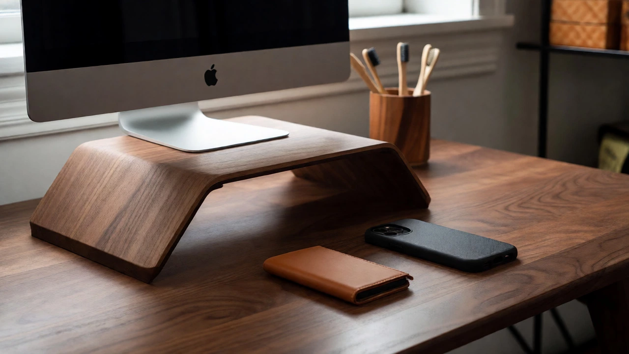 Walnut laptop stand, leather wallet, and eco-friendly tech accessories on a modern desk.
