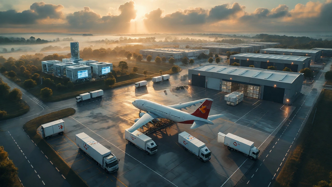 Aerial view of a logistics hub connecting research, manufacturing, and distribution sites.