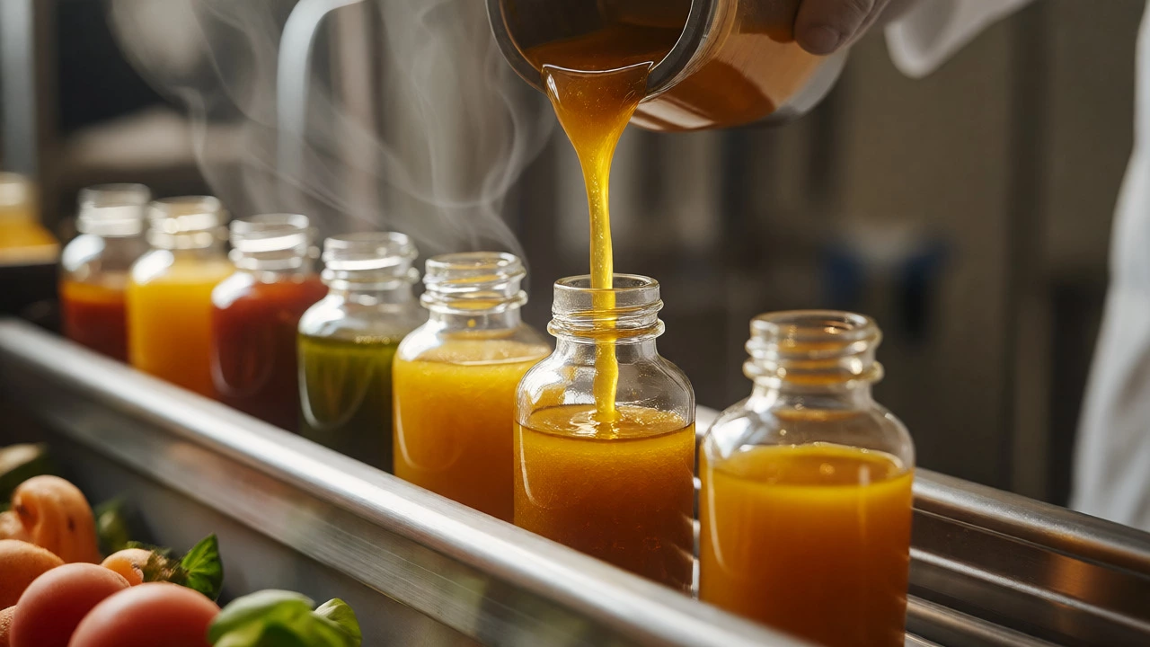 Artisanal sauce being bottled in specialty food facility