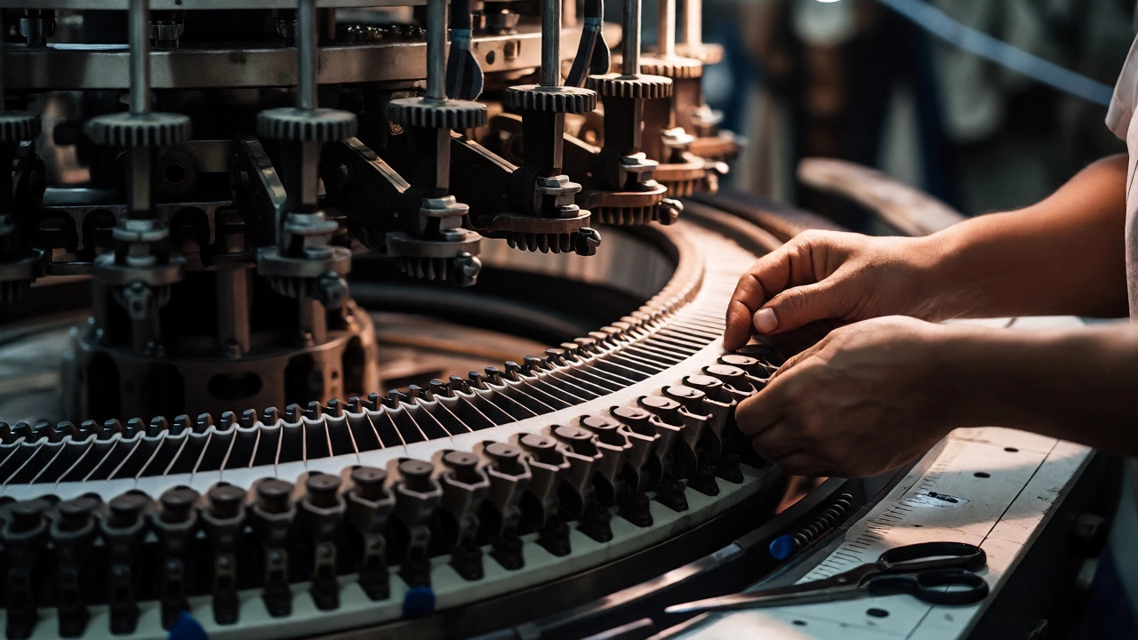 Close-up of hands operating a semi-automatic knitting machine in an Indian textile unit.