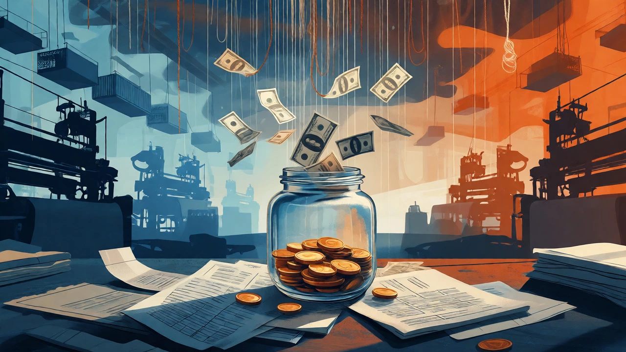 Conceptual art showing gold coins filling a jar amidst falling yarn threads and factory silhouettes.