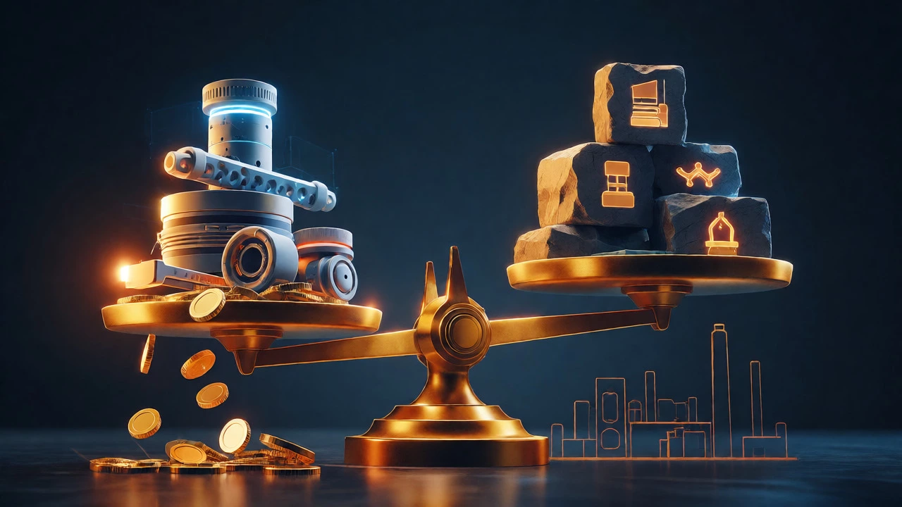 Conceptual image showing high-value tech components outweighing raw material costs on a scale.