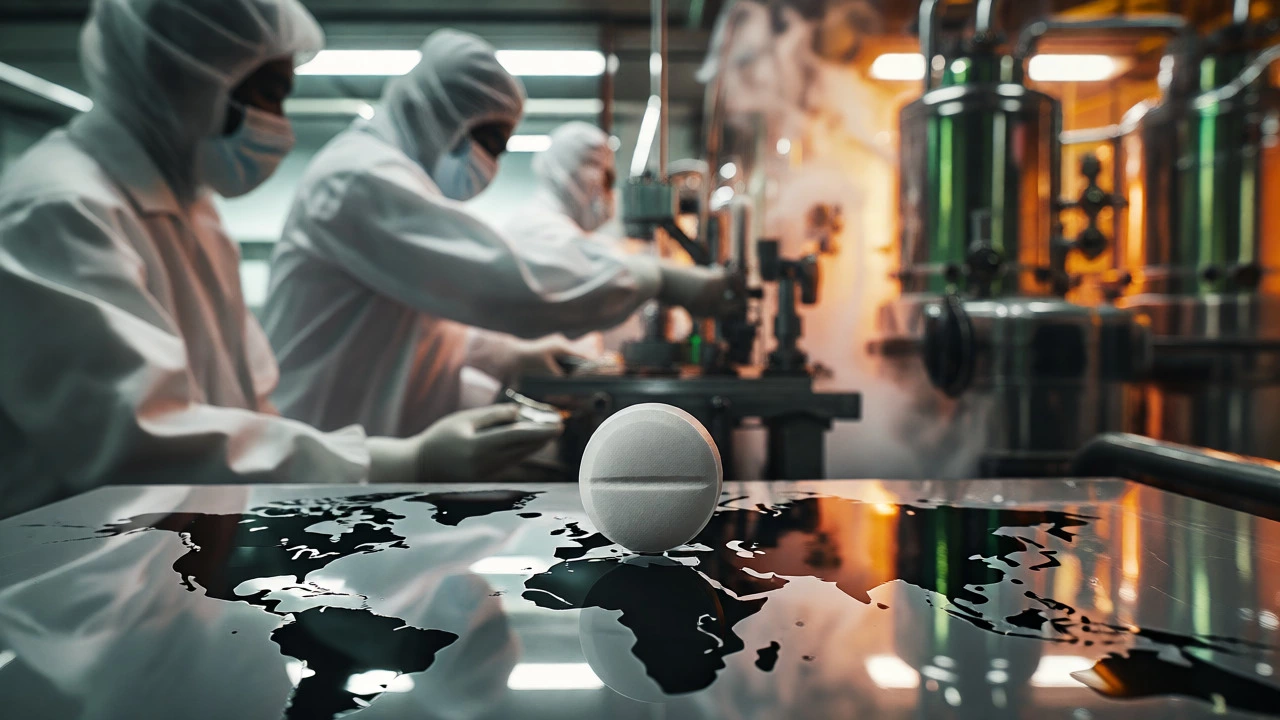 Macro shot of a generic pill with Indian pharmaceutical manufacturing in the background.