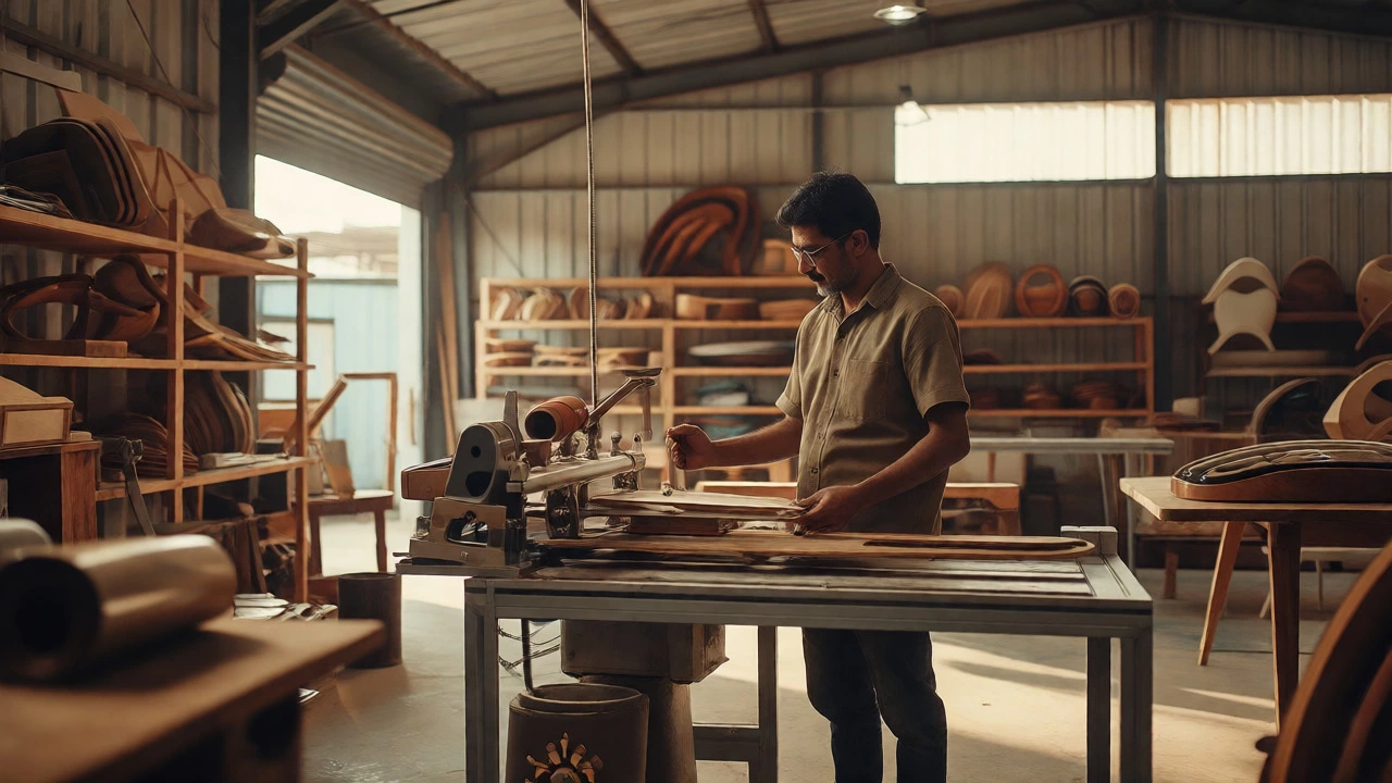 Small business owner inspecting custom furniture parts in a well-lit workshop.