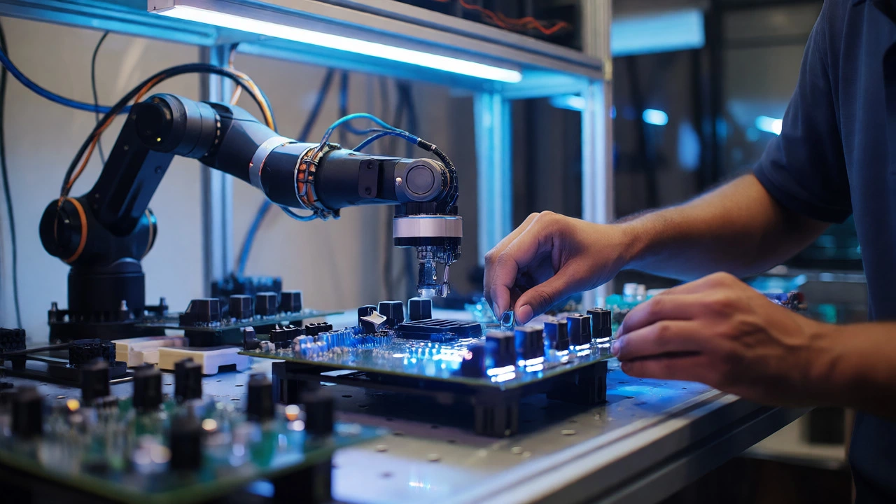 Technician assembling niche electronics with automation